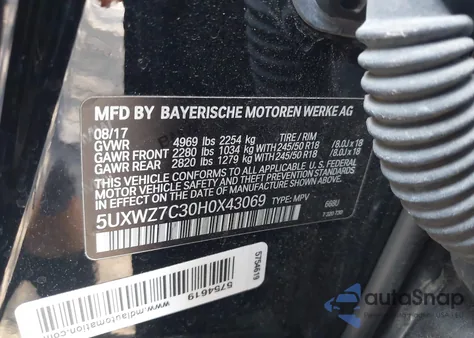 2017 BMW X3 Sdrive28I из США, поврежденный, VIN 5UXWZ7C30H0X43069